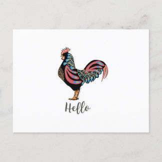 "Hello" Rooster Chicken Folk Postcard Travel World Feiertagspostkarte