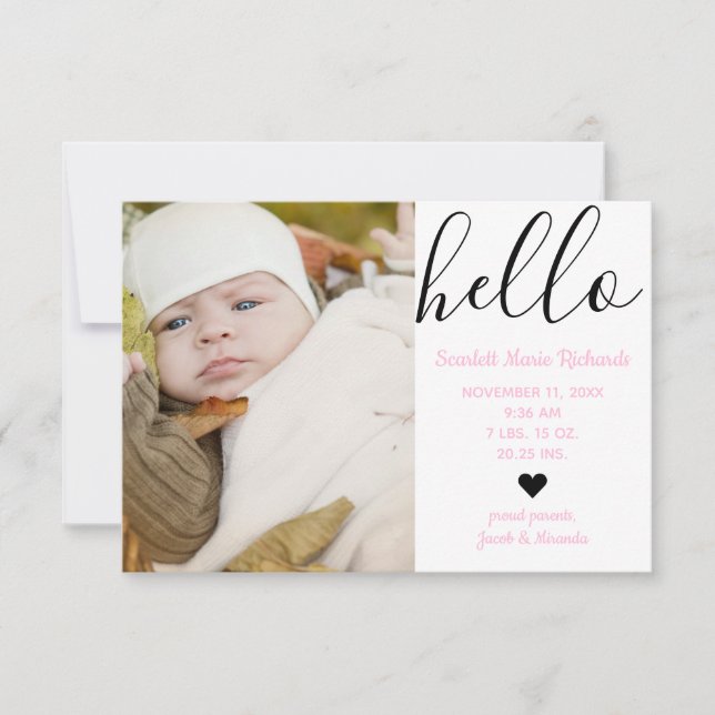 Hello Script Foto Pink - 3x5 Geburtshinweis Ankündigung (Vorderseite)