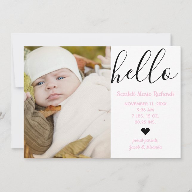 Hello Script Foto Pink - Geburtserklärung Ankündigung (Vorderseite)