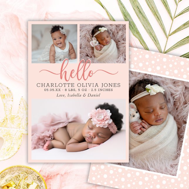 Hello Script Girl Birth Photo Collage Announcement Ankündigung (Von Creator hochgeladen)