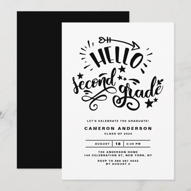 Hello Second Grade | Black First Grade Abschluss Einladung (Vorne/Hinten)