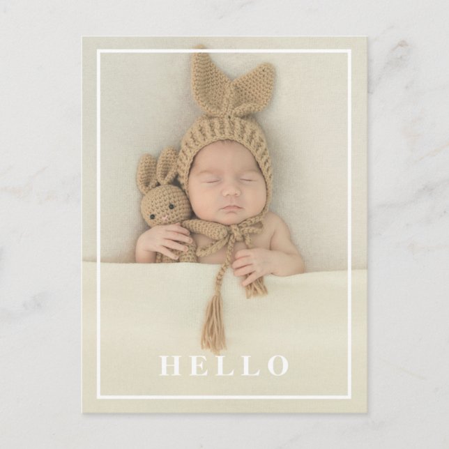 Hello Simple Baby Foto Modern Birth Ankündigungspostkarte (Vorderseite)