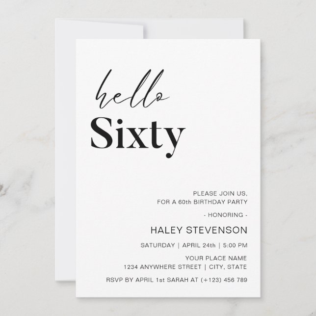Hello Sixty Modern White Minimalistisch 60. Geburt Einladung (Vorderseite)