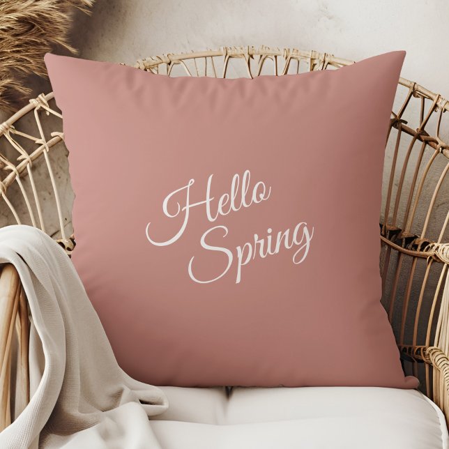 Hello Spring Dusty Rose Throw Pillow Kissen (Hello Spring Dusty Rose Throw Pillow in a boho rattan armchair.)
