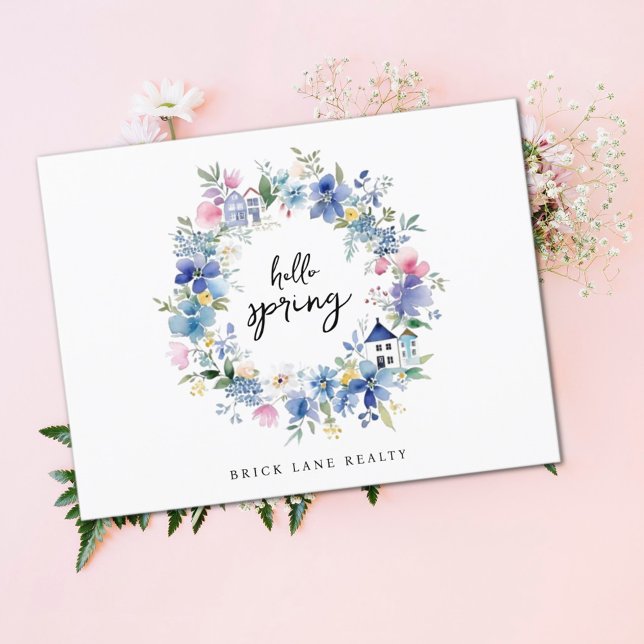 Hello Spring Floral House Wreath Real Anwesen Postkarte (Hello Spring Real Estate Postcard)