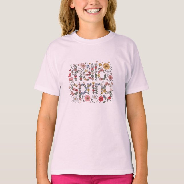 Hello Spring – Floral Lettering Design T-Shirt (Vorderseite)