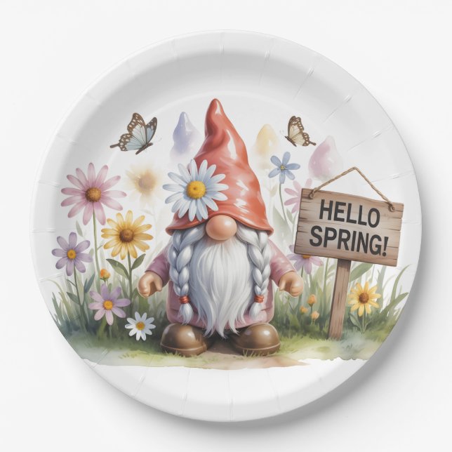Hello Spring Garden Gnome: Cute Gnome with Braids Pappteller (Vorderseite)