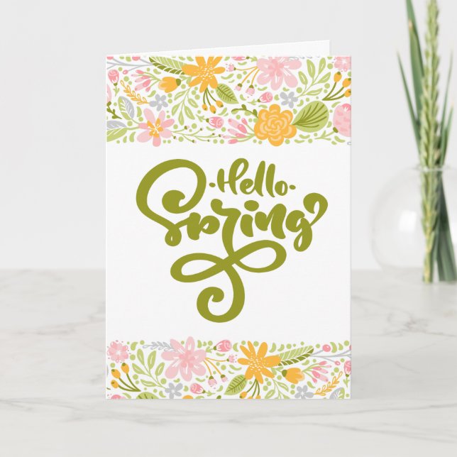Hello Spring Greeting Card with Floral Borders Karte (Vorderseite)