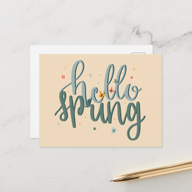 Hello Spring Handschrift Postcard Postkarte (Vorderseite/Rückseite Beispiel)