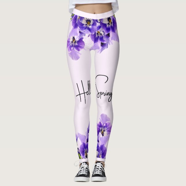 Hello Spring Lila Color Blume Design Leggings (Vorderseite)