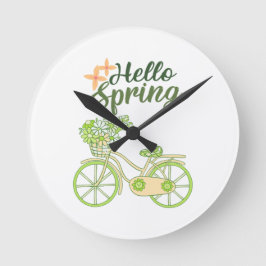 Hello Spring Vintage Bicycle Illustration  Runde Wanduhr