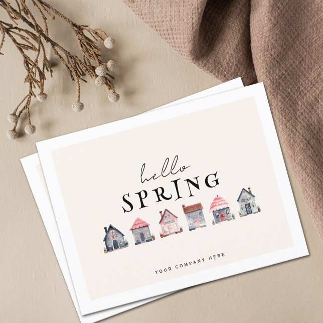 Hello Spring Watercolor Houses Real Anwesen Postkarte (Von Creator hochgeladen)