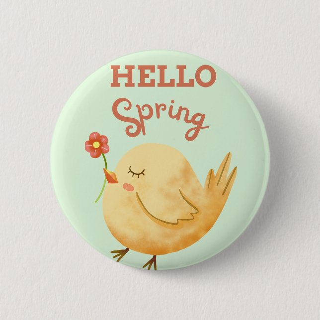 HELLO Spring Yellow Baby Bird Holding Blume Button (Vorderseite)