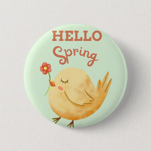 HELLO Spring Yellow Baby Bird Holding Blume Button