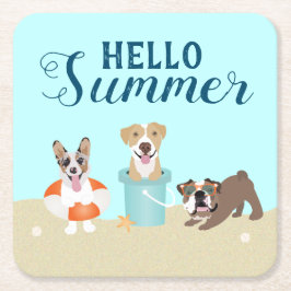 Hello Summer Beach Hogs Blue Orange Rechteckiger Pappuntersetzer