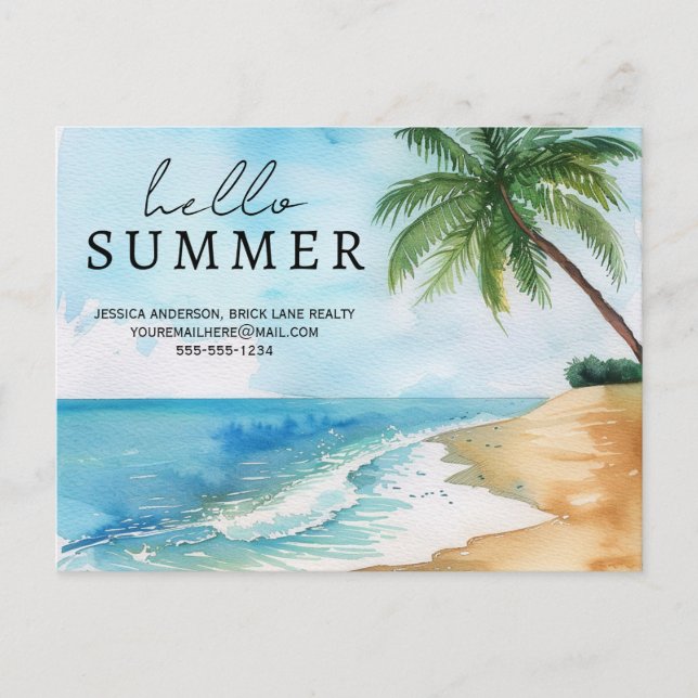 Hello Summer Beach Kontaktinformationen Immobilien Postkarte (Vorderseite)