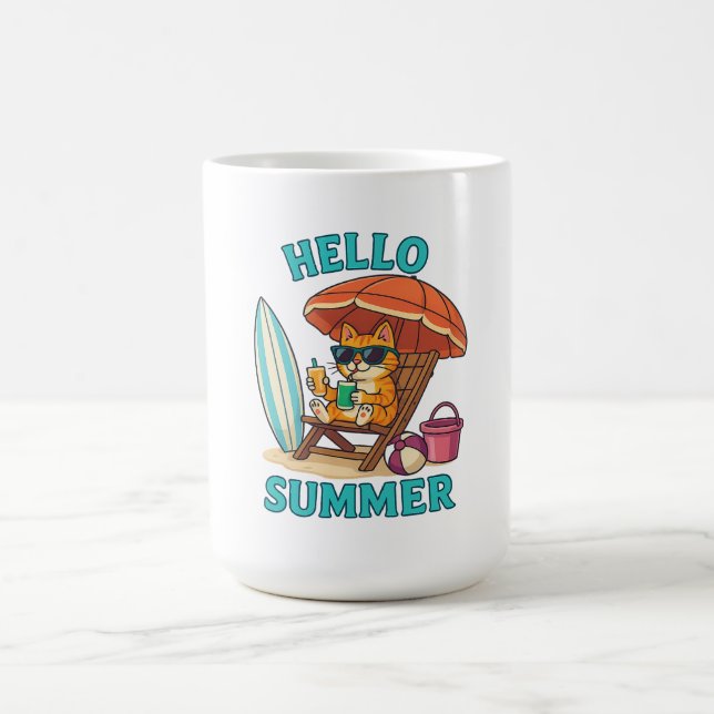 Hello Summer Cat T - Shirt - Niedlich Cartoon Beac Kaffeetasse (Mittel)