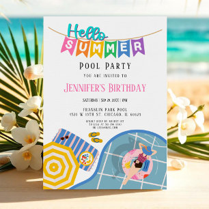 Hello Summer Colorful Banner Pool Party Geburtstag Einladung