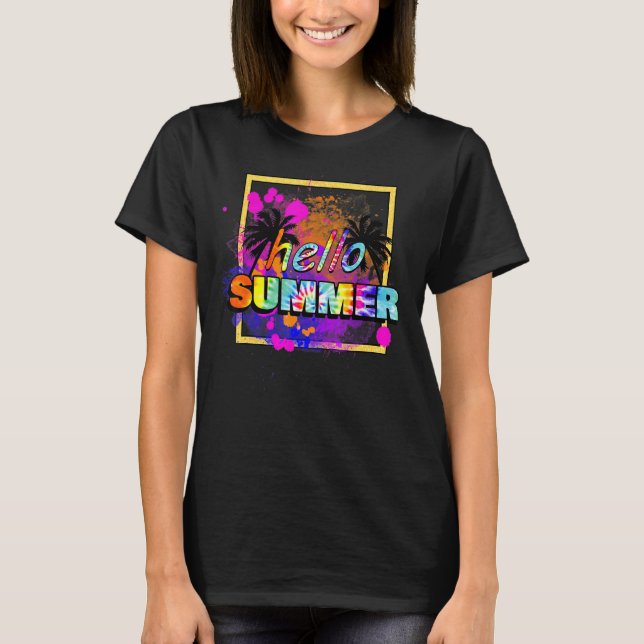 Hello Summer Palm Tree Gefärbte Krawatte Beach Sum T-Shirt (Vorderseite)