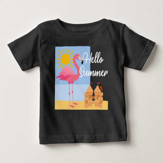 Hello Summer Pink Flamingo Design - Baby Fine Jers Baby T-shirt (Vorderseite)