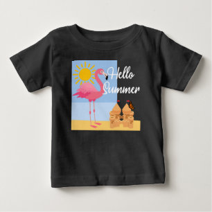Hello Summer Pink Flamingo Design - Baby Fine Jers T-shirt