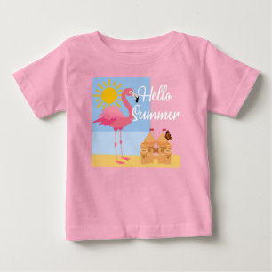 Hello Summer Pink Flamingo Design - Baby Fine Jers T-shirt
