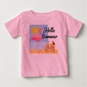 Hello Summer Pink Flamingo Design - Baby Fine Jers T-shirt