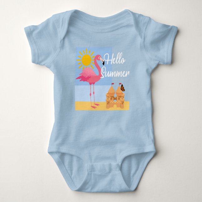 Hello Summer Pink Flamingo Design - Baby Jersey Bo Baby Strampler (Vorderseite)