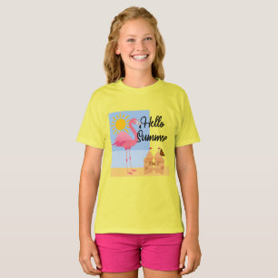 Hello Summer Pink Flamingo Design - Girls' Basic T T-Shirt