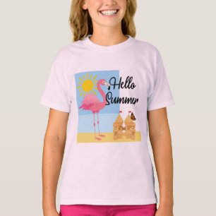 Hello Summer Pink Flamingo Design - Girls' Basic T T-Shirt