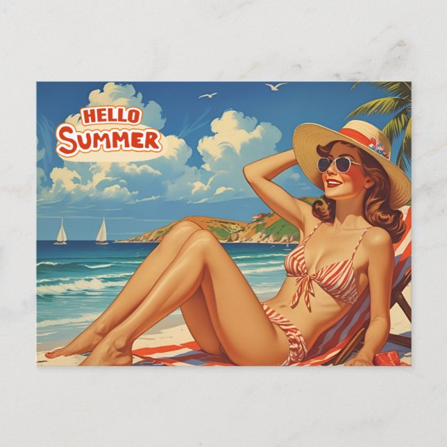 Hello Summer Retro Woman on the Beach  Postkarte (Vorderseite)
