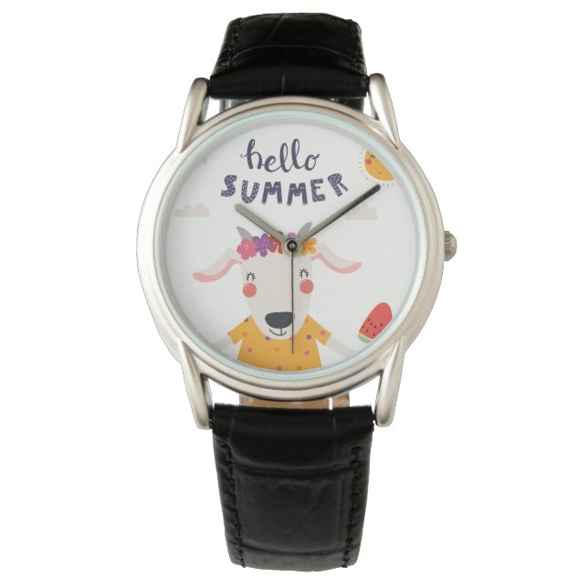 Hello summer - Schwarze Lederklassik Armbanduhr (Vorderseite)