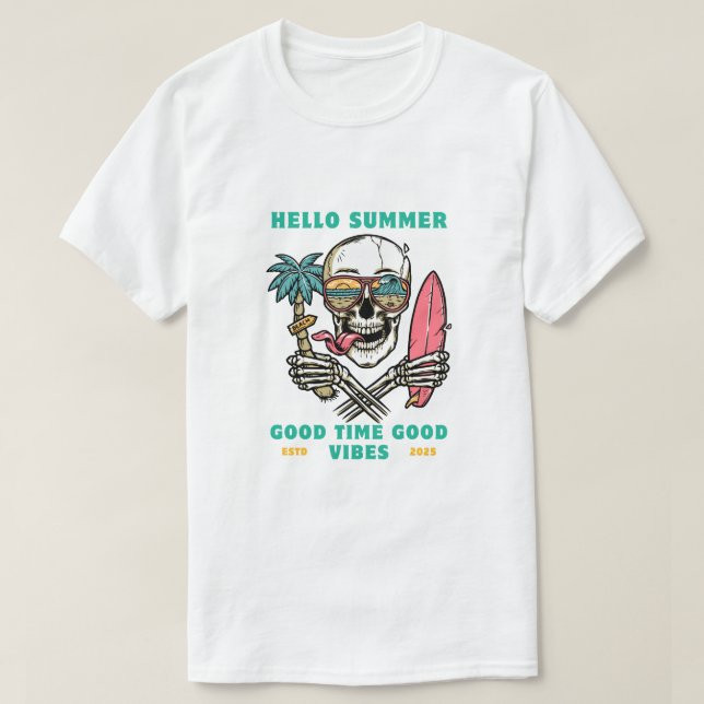 "Hello Summer – Skull Surfer Good Vibes" T-Shirt (Design vorne)