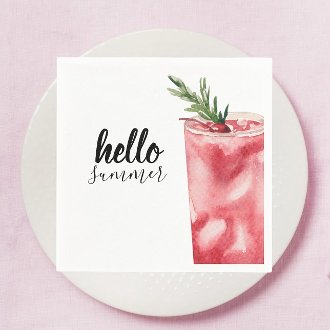 Hello Summer Watercolor Red Cherry Cocktail Serviette (Von Creator hochgeladen)
