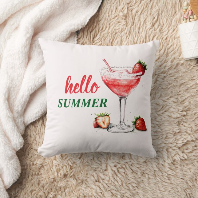 Hello Summer Watercolor Strawberry Cocktail Pillow Kissen (Decke)