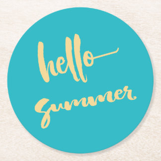 Hello Summer Yellow Blue Modern Script Runder Pappuntersetzer