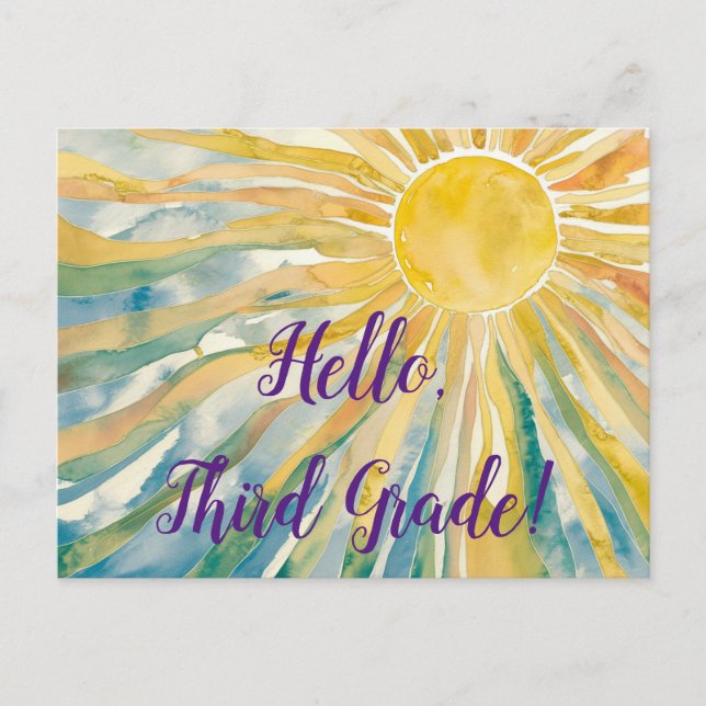 Hello Third Grade Watercolor Postcard Postkarte (Vorderseite)
