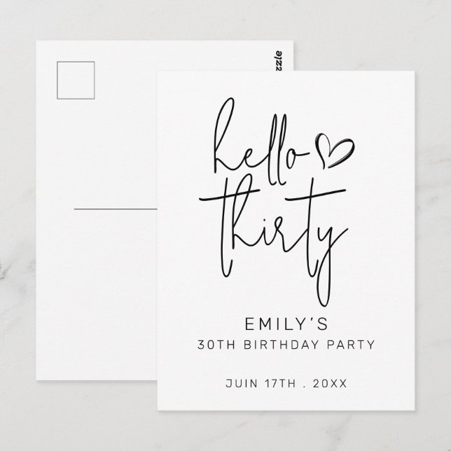Hello Thirty Birthday Minimal Schwarz-weiß Modern Postkarte (Vorne/Hinten)