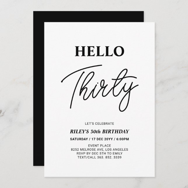 Hello Thirty | Black & White 30th Birthday Party Einladung (Vorne/Hinten)