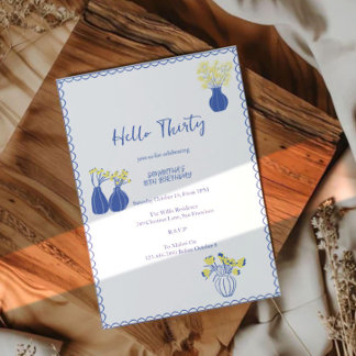 Hello Thirty Elegant Blue Floral 30th Birthday Einladung