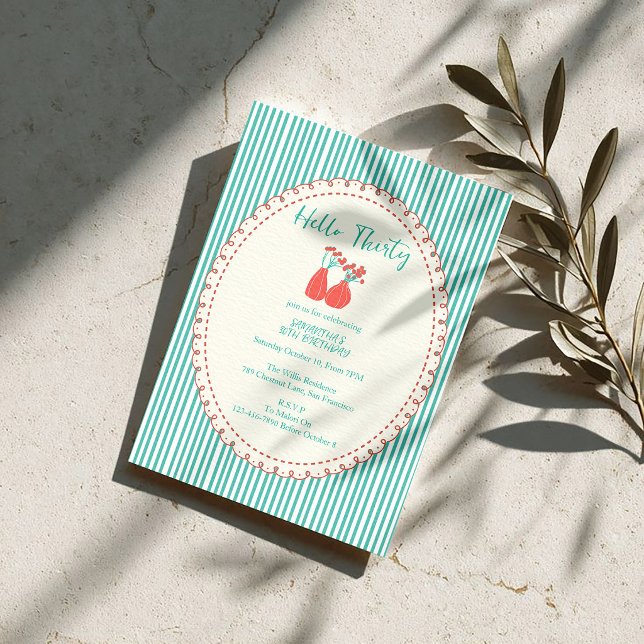 Hello Thirty Vintage Floral Stripes 30th Birthday Einladung (Von Creator hochgeladen)