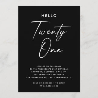 Hello Twenty One | Black Minimalist 21st Birthday Einladung