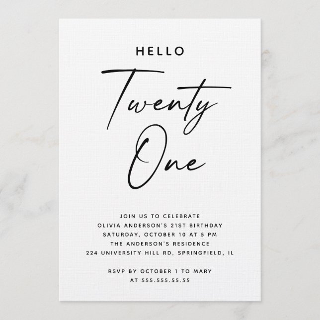 Hello Twenty One | Modern Script 21st Birthday Einladung (Vorderseite)