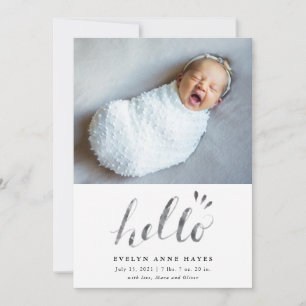 Hello Watercolor Script Baby Photo Birth Ankündigung