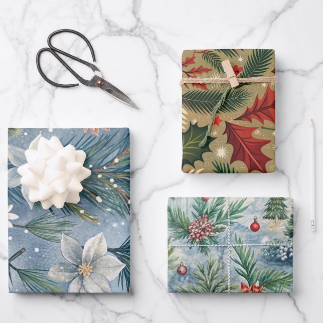 Hello Winter Pines & Flowers Geschenkpapier Set (Vorderseite)