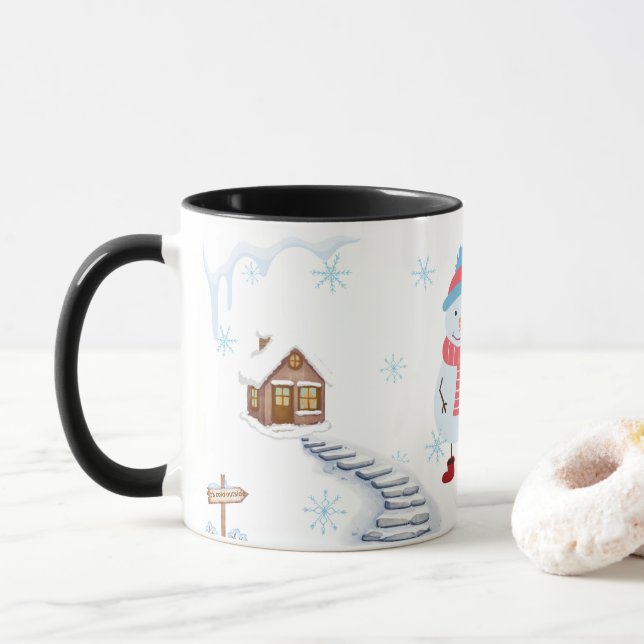Hello Winter Snowman Mug • Cozy Snowy Landscape Wi Tasse (Mit Donut)