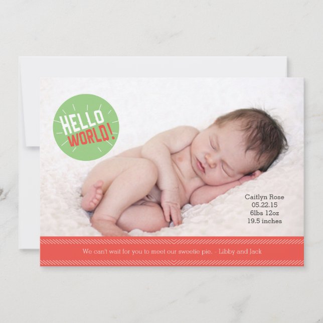 Hello World Baby Announccard 5 x 7" Ankündigung (Vorderseite)