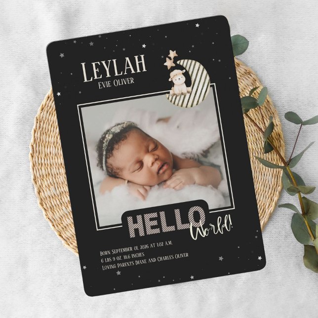Hello World Baby Announccard Ankündigung (Baby arrival card featuring a striped crescent moon, starry night design, and personalized details.)