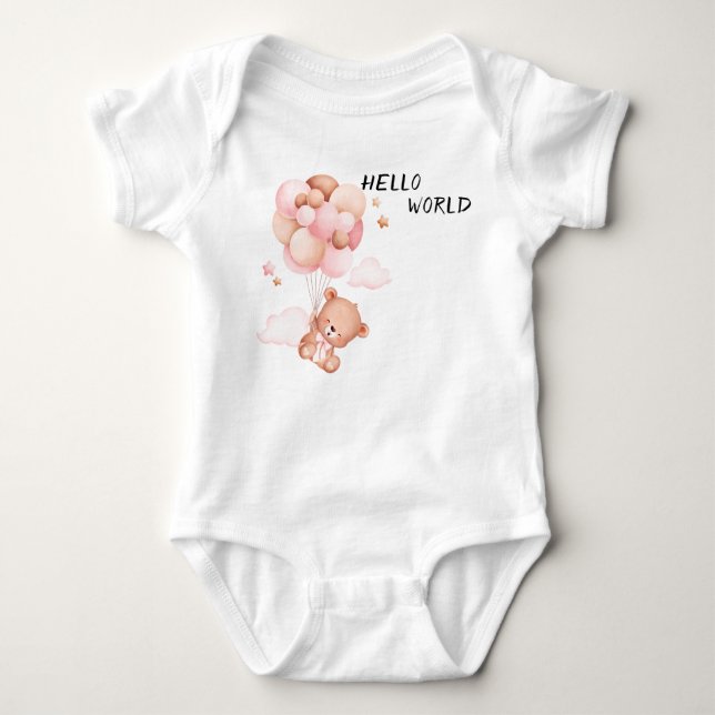 Hello World" Baby Bodysuit | Teddy Bear & Balloons Baby Strampler (Vorderseite)