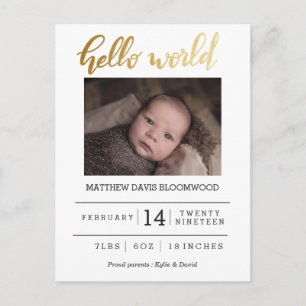 Hello World Birth Ankündigung Neugeborenes Foto